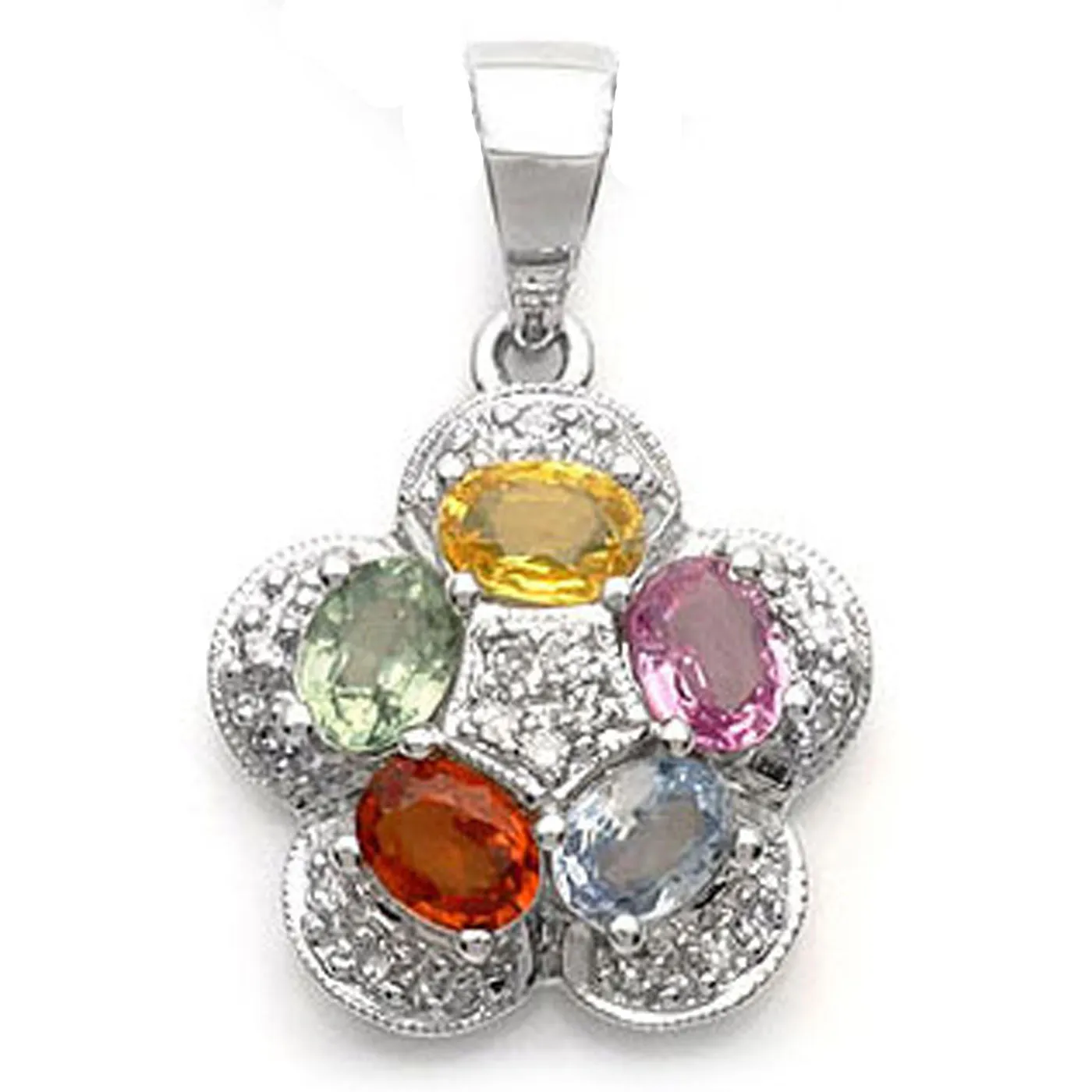 14k White Gold Multi-Colored Sapphire and Diamond Flower Pendant