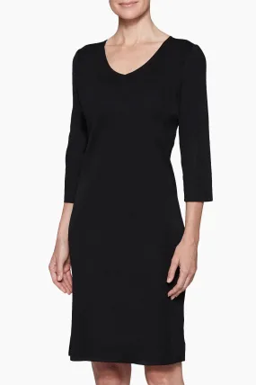 3/4 Sleeve V-Neck Knit Dress, Black