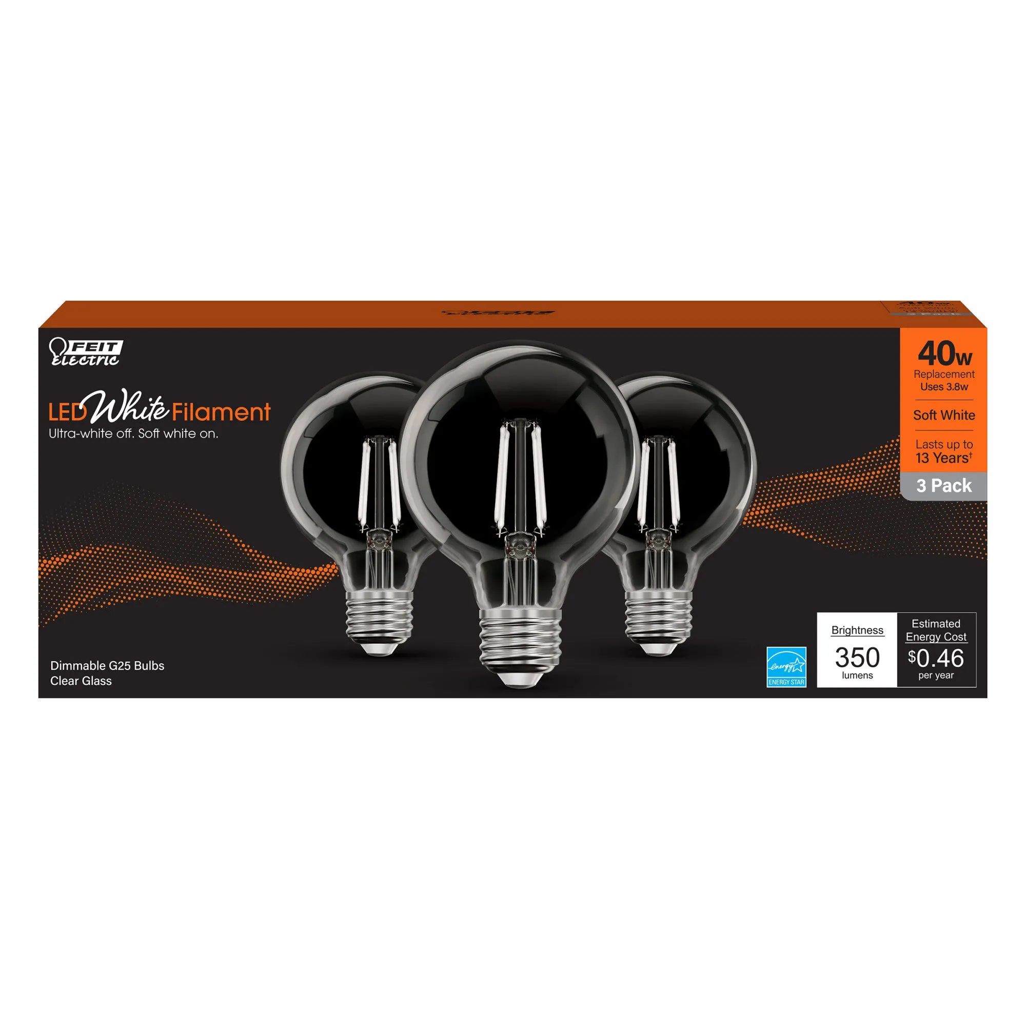 3.8W (40W Equivalent) Soft White (2700K) Globe Shape (E26 Base) Exposed White Filament LED Bulb (3-Pack)