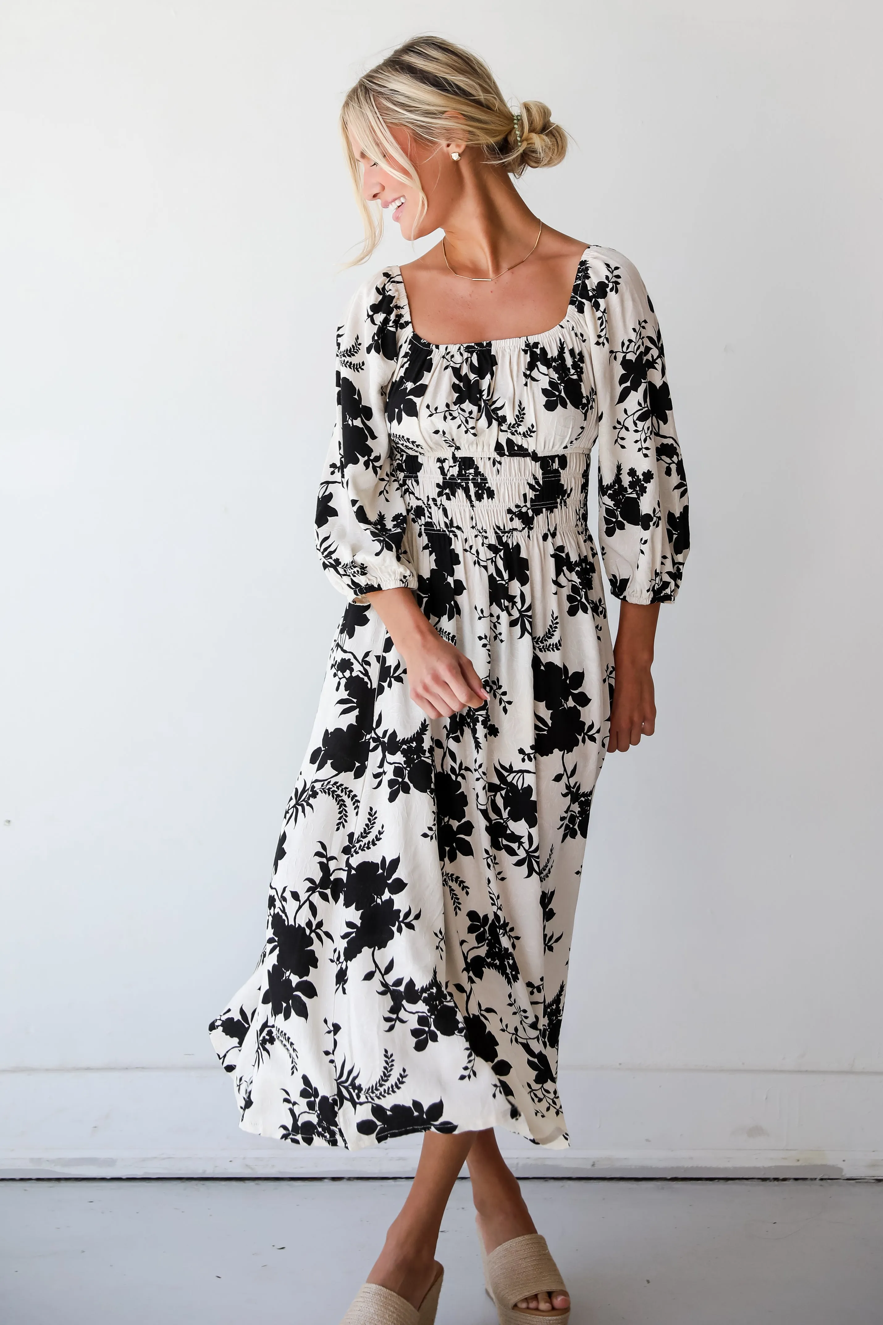 Adorably Elite Ivory Floral Midi Dress