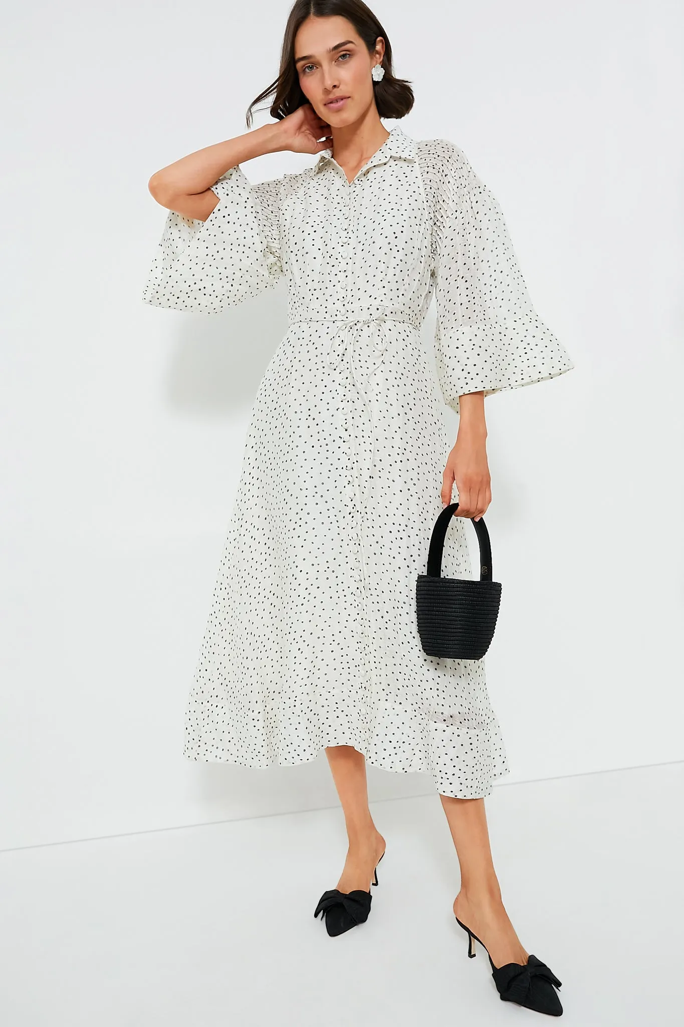 Antique Black Spot Dottie Silk Linen Midi Shirt Dress