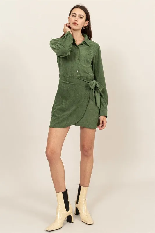 ANWEN SUEDE WRAP TIE FRONT DRESS