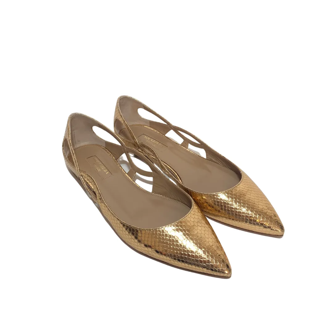 Aquazzura Forever Gold Metallic Leather Snake Printed  Ballet Flats | Brand New |