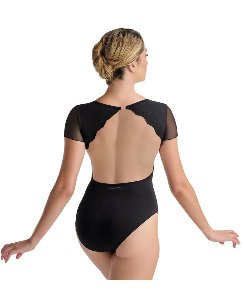 Ballet Rosa Monia V Neck Embroidered Open Back Mesh Cap Sleeve Leotard - Womens