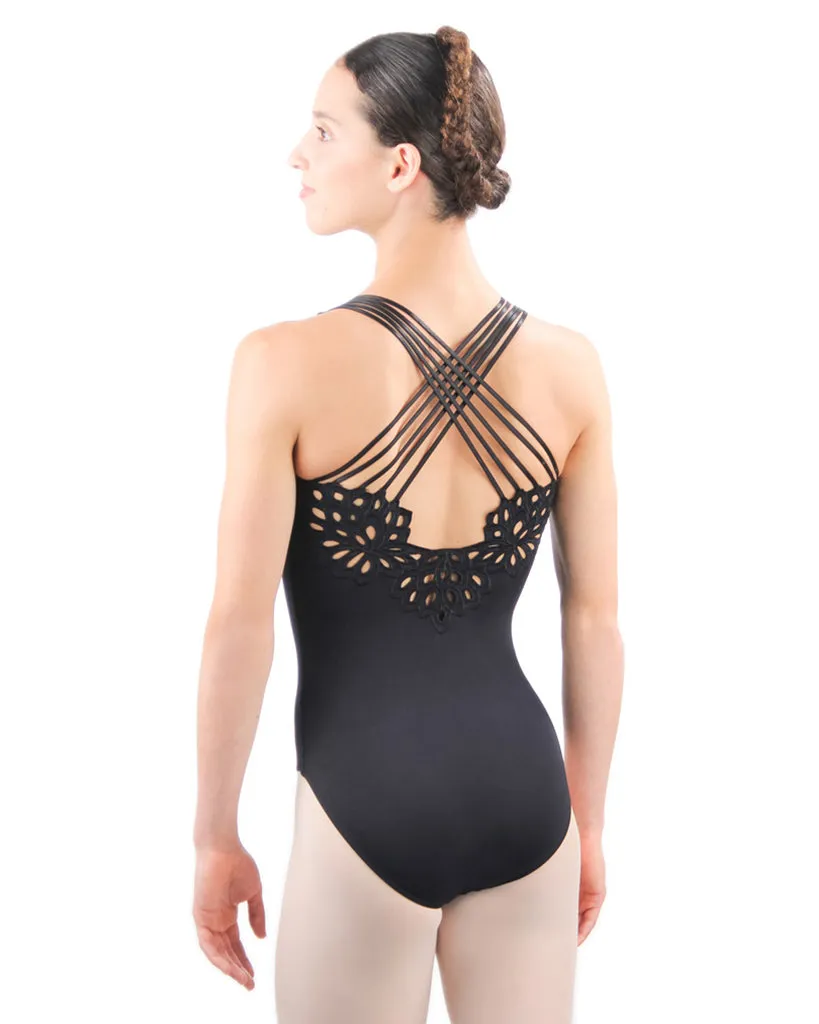 Ballet Rosa Valera Scoop Neck Embroidered Floral Cross Back Tank Leotard - Womens