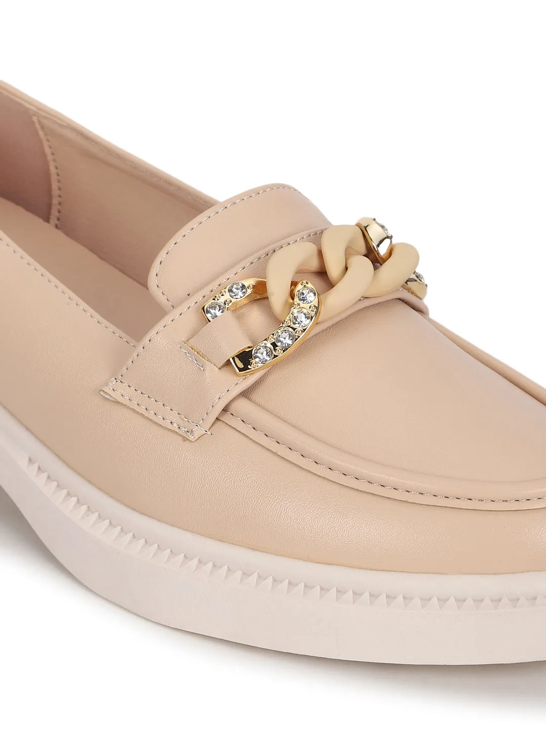 Beige PU Embellished Slip-On Heel Loafers (TC-RS3589-BEIG)