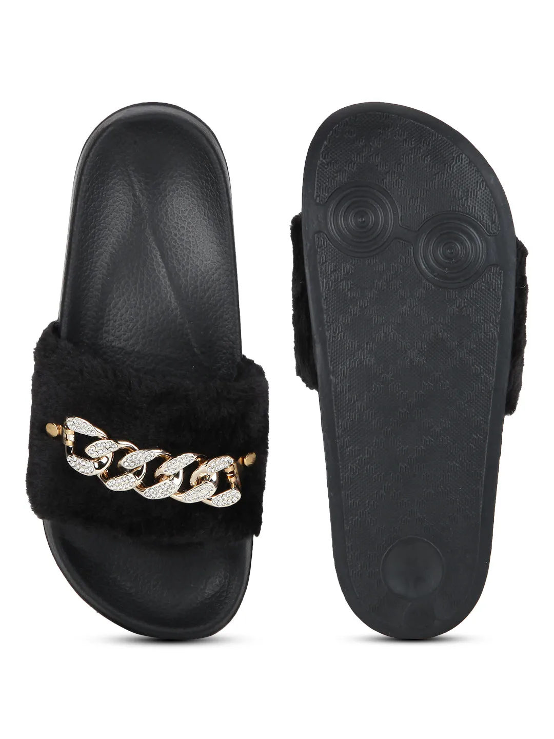 Black Fabric And Chain Detailed Slip-On Flats