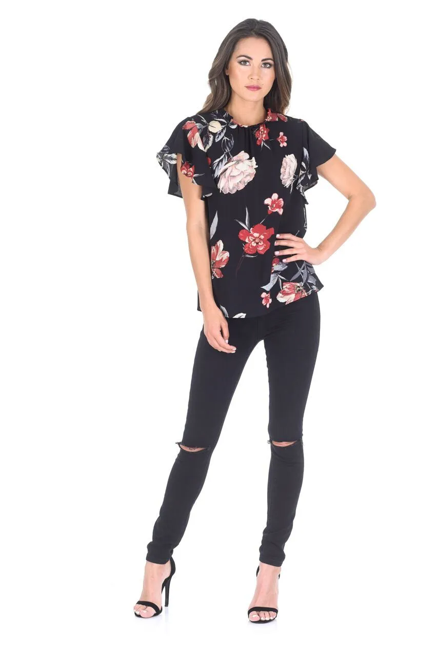 Black Floral Frill Floaty Top