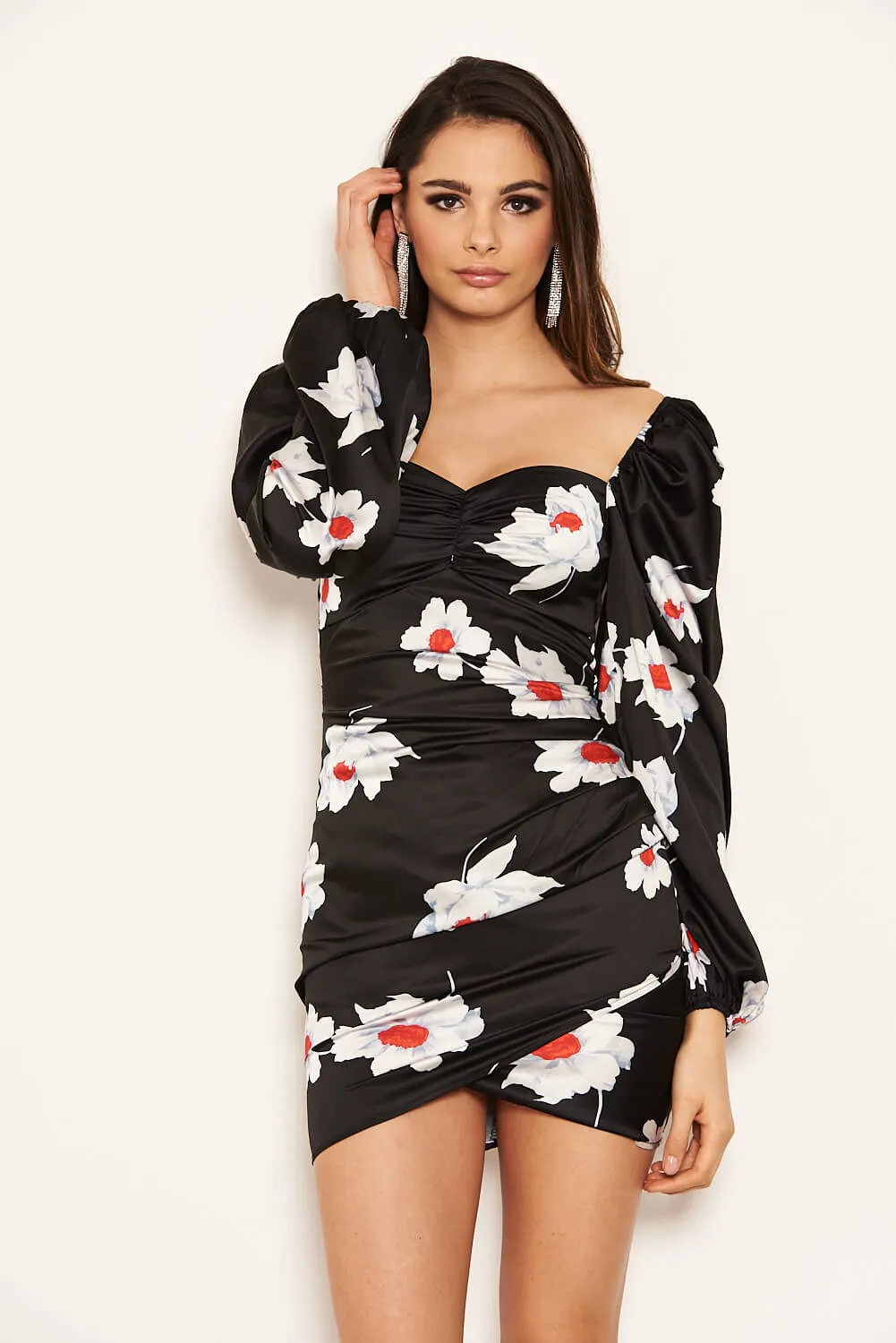 Black Floral Print Sweetheart Wrap Over Dress