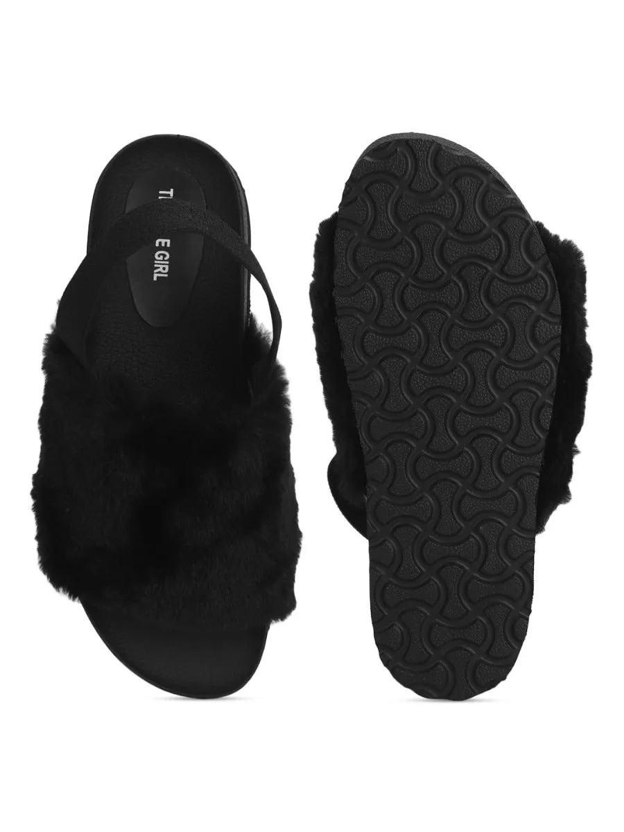 Black Fur Slip Ons With Back Strap