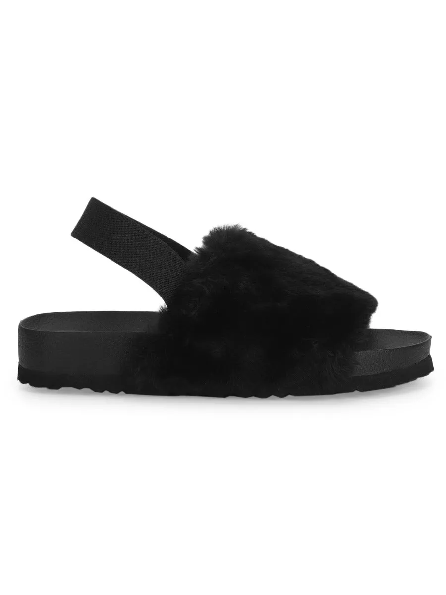 Black Fur Slip Ons With Back Strap