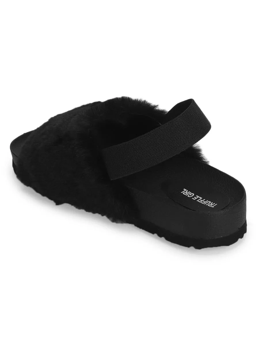 Black Fur Slip Ons With Back Strap