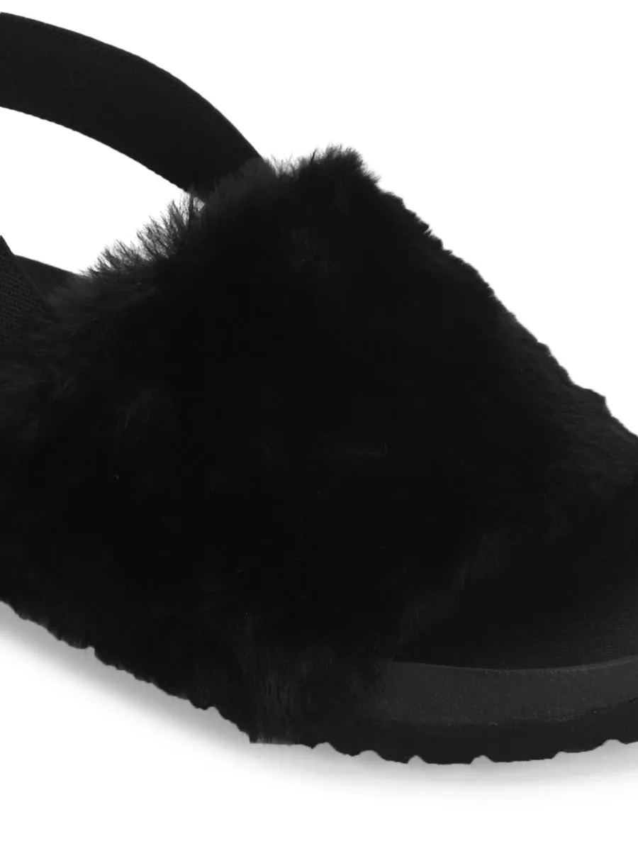 Black Fur Slip Ons With Back Strap