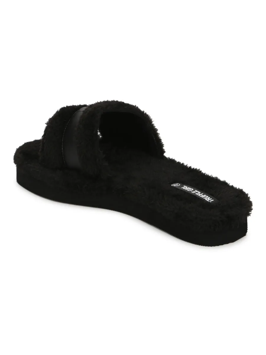 Black Fuzzy Fur Slides