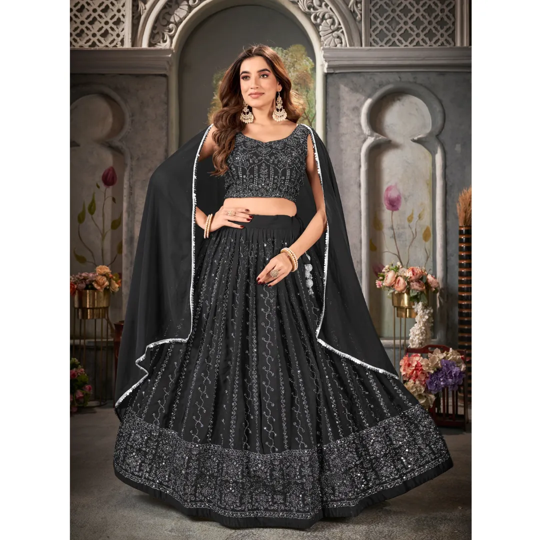 Black Party wear Embroidery Lehenga Choli Dupatta