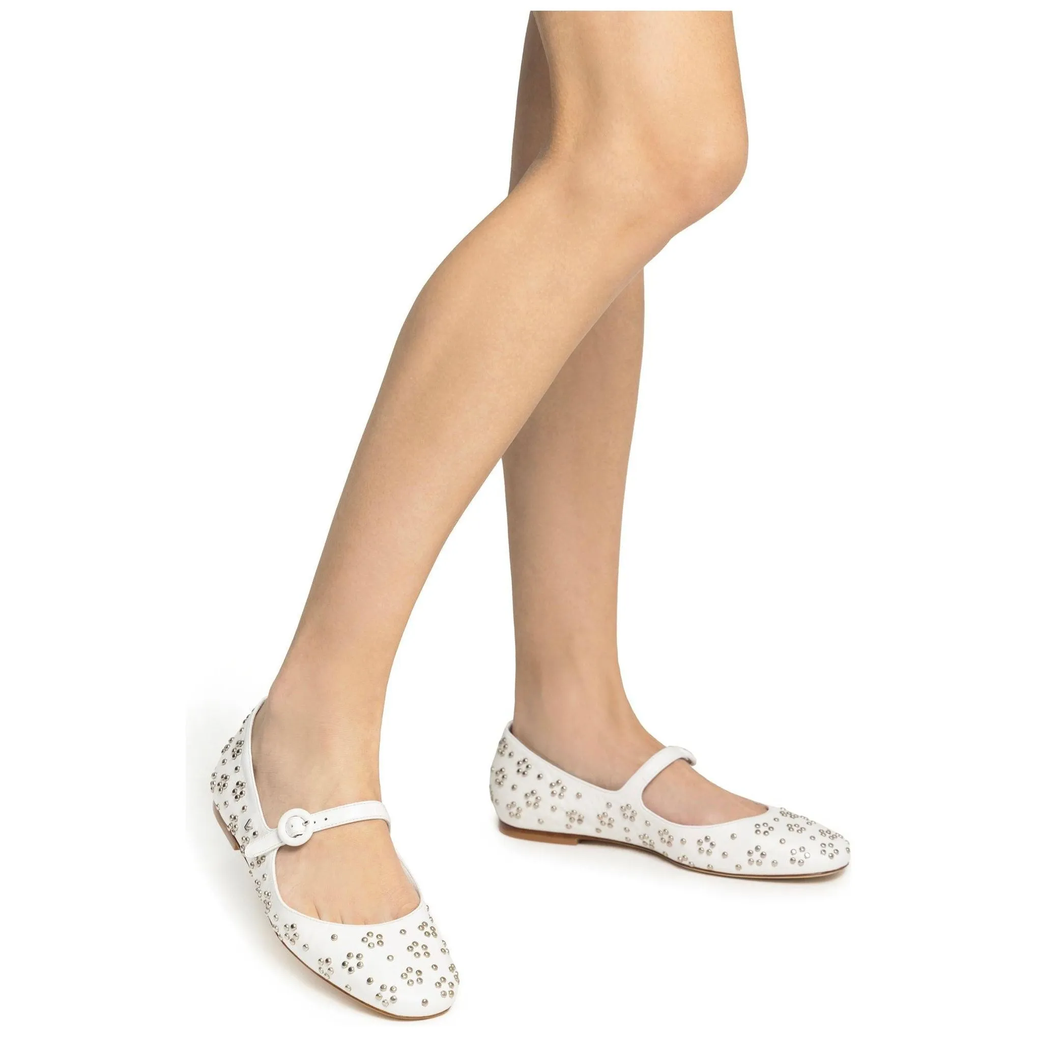 Blair Ballet Flat In White Leather and Metallic Studs