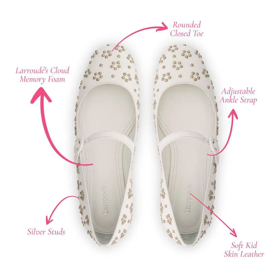 Blair Ballet Flat In White Leather and Metallic Studs