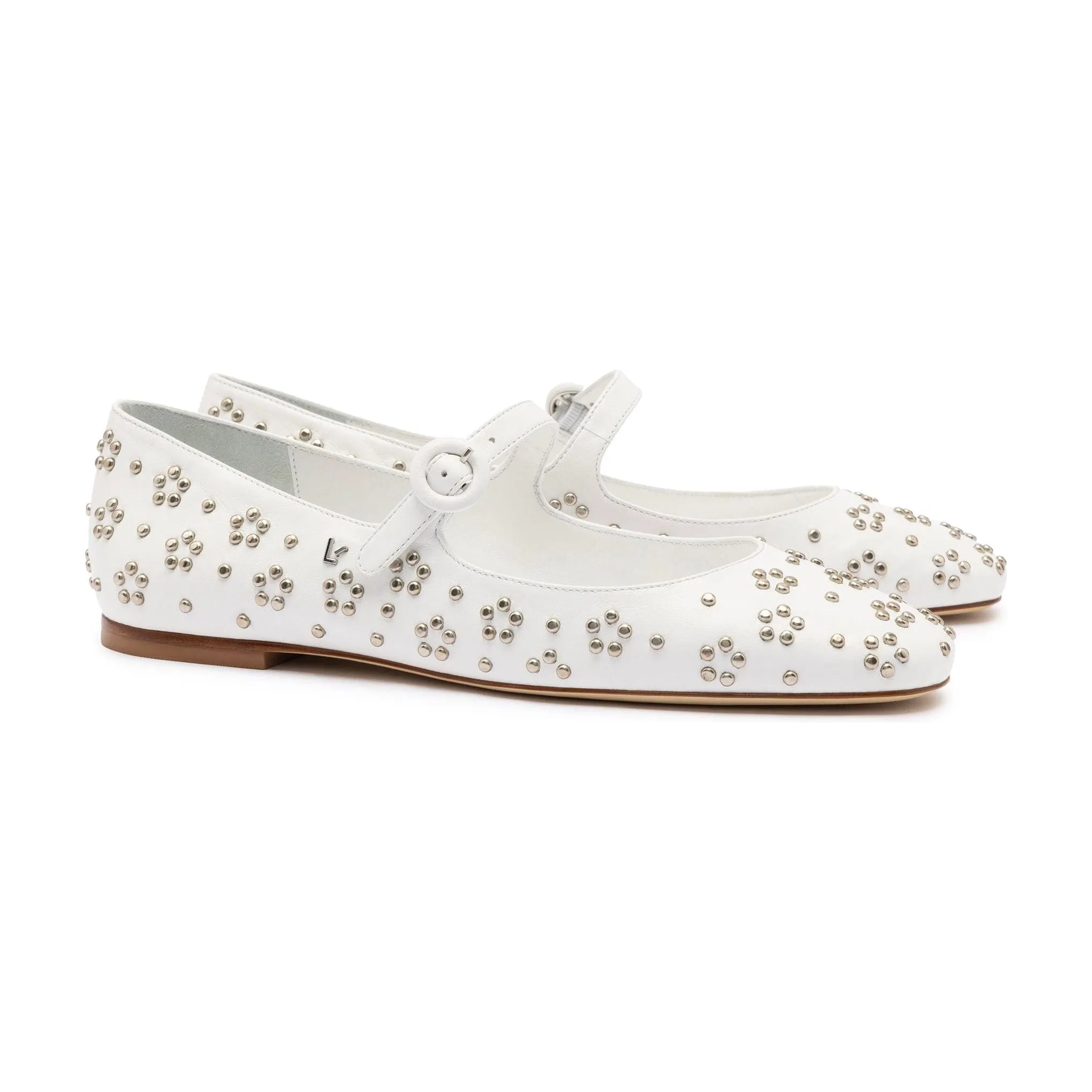 Blair Ballet Flat In White Leather and Metallic Studs