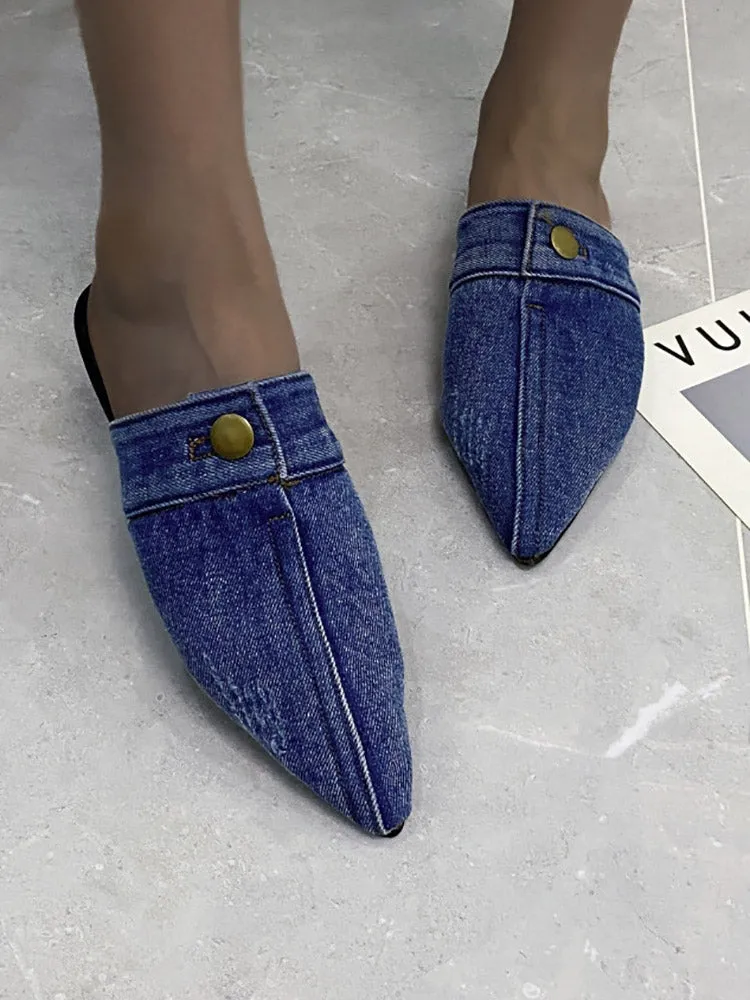 Button Decor Pointed Toe Denim Flat Slides