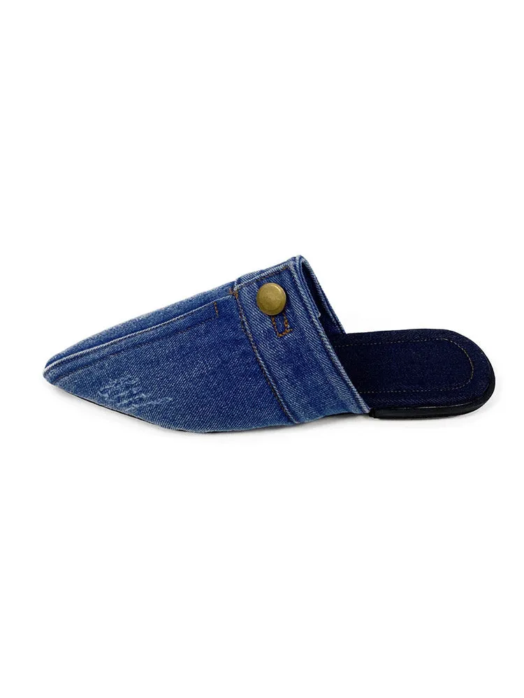 Button Decor Pointed Toe Denim Flat Slides