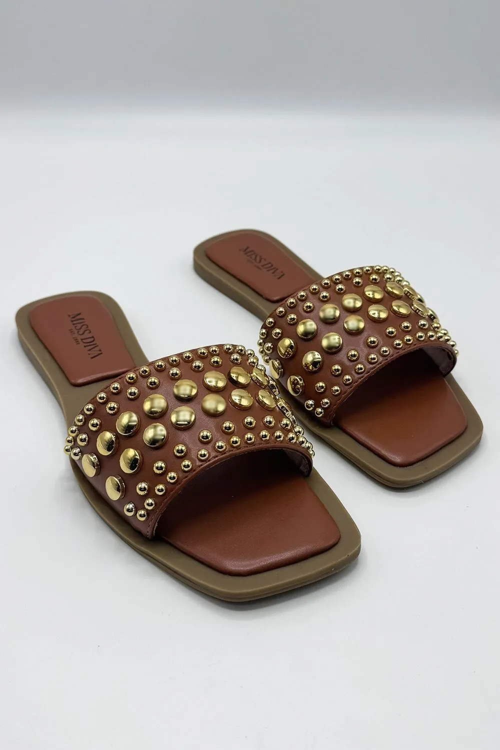 Calista Stud Embedded Strap Sliders in Tan