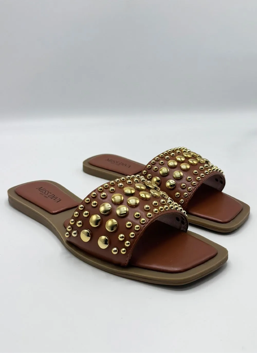 Calista Stud Embedded Strap Sliders in Tan