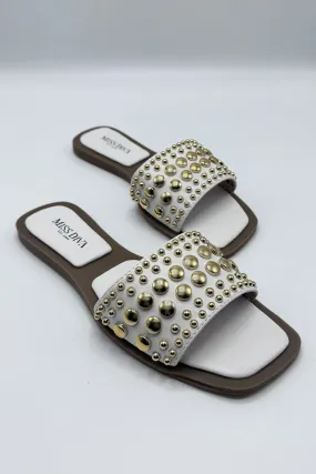 Calista Stud Embedded Strap Sliders in White