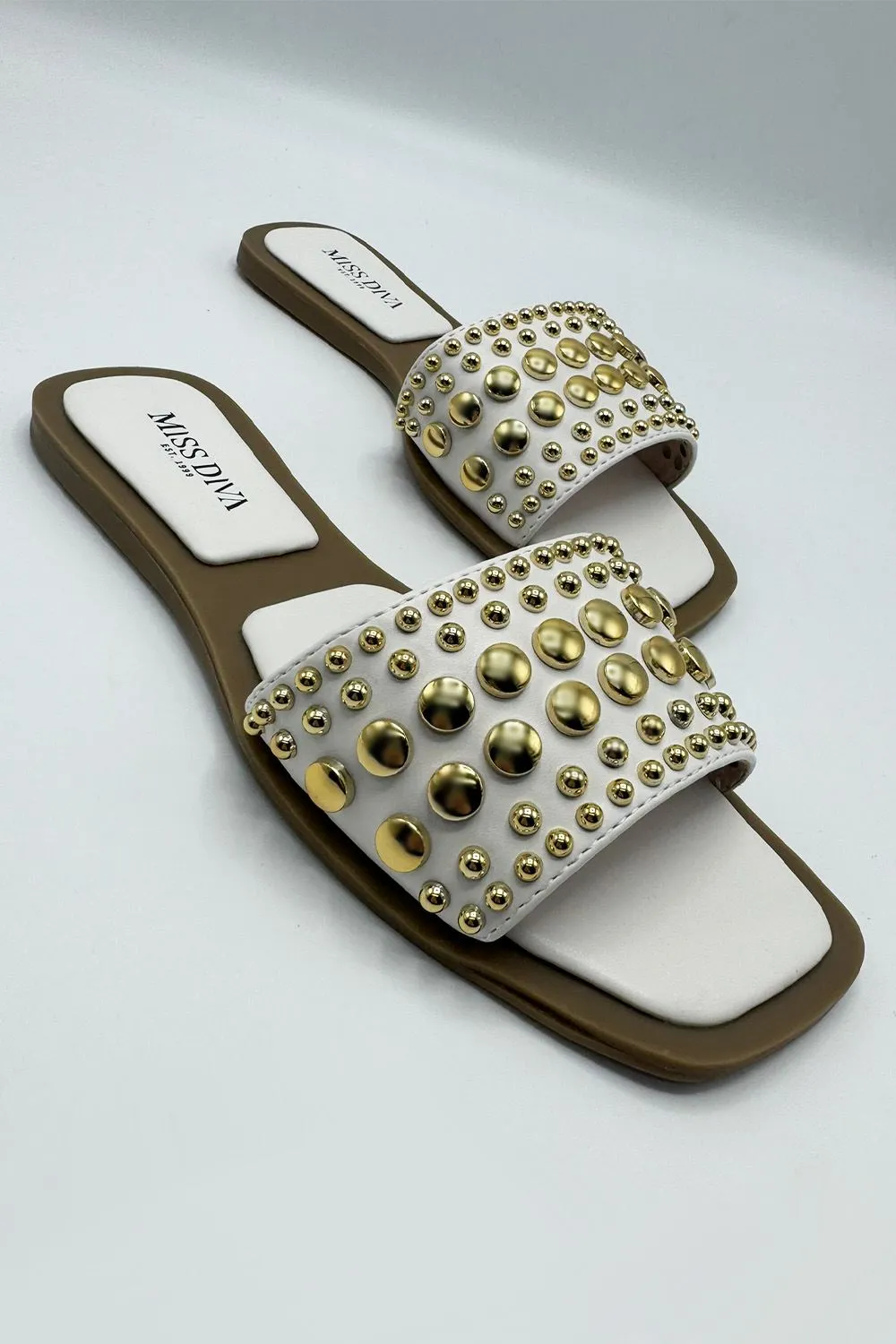 Calista Stud Embedded Strap Sliders in White