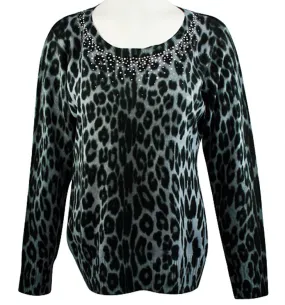 Christine Alexander - Grey Leopard, Crew Neck Sweater Swarovski Crystal Accents