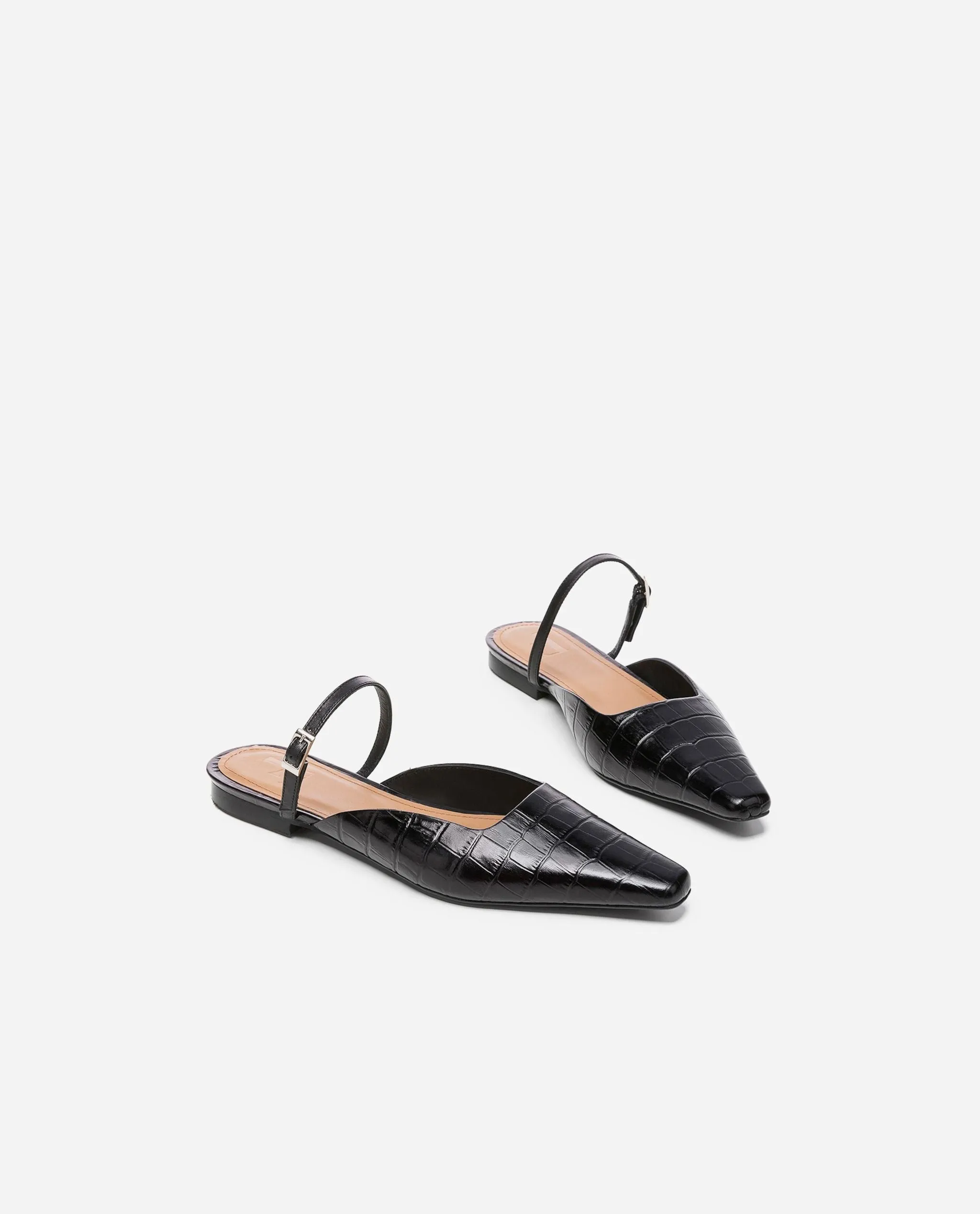 Dolores Black Croco Nappa Flat Mules