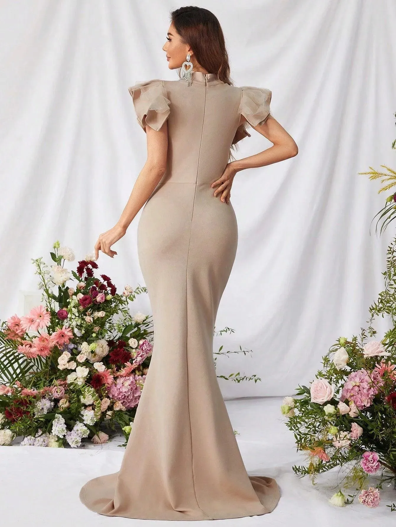 Elegant Mock Collar Butterfly Sleeves Mermaid Dress