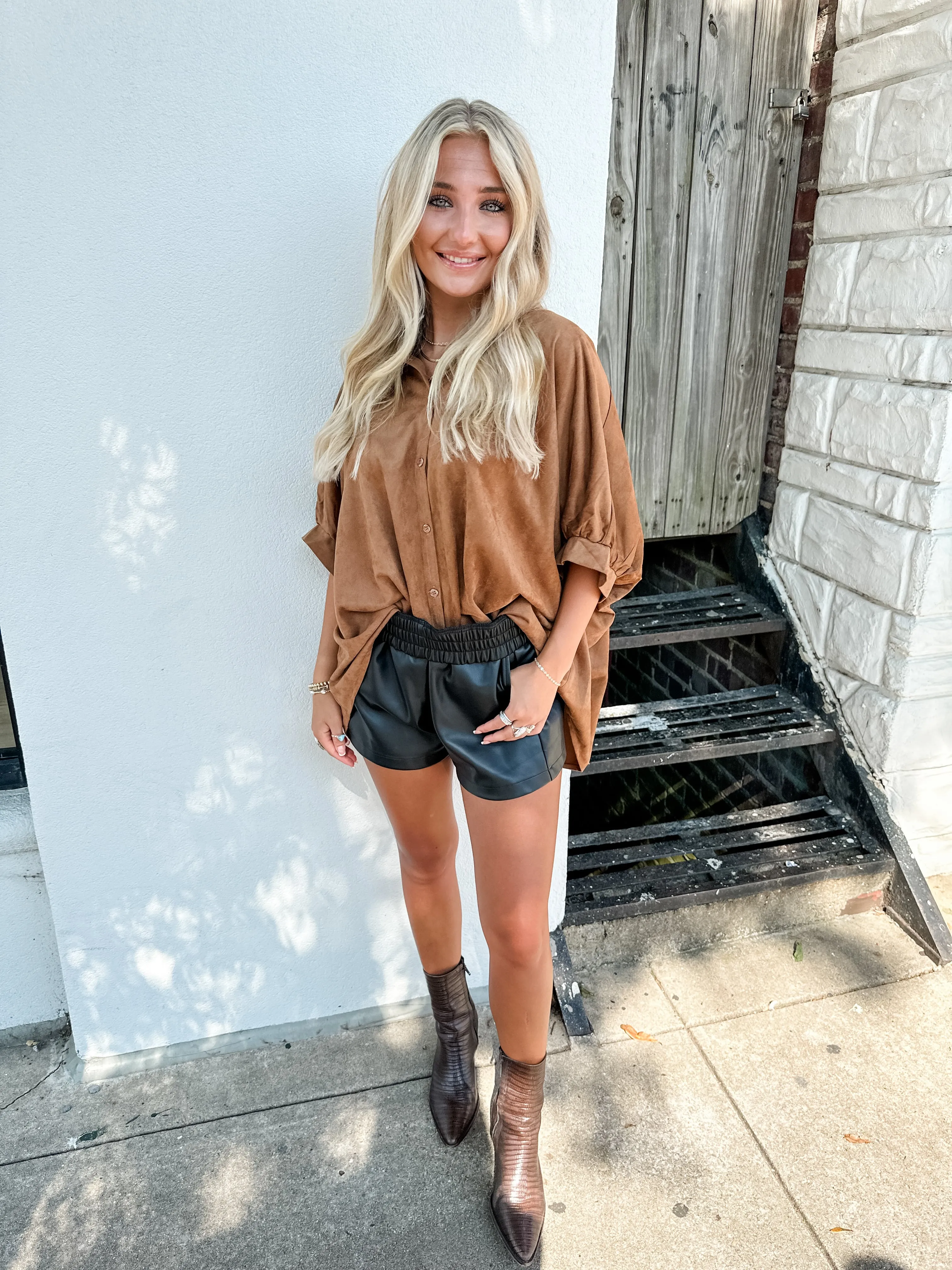 Faux Suede Button Front Top