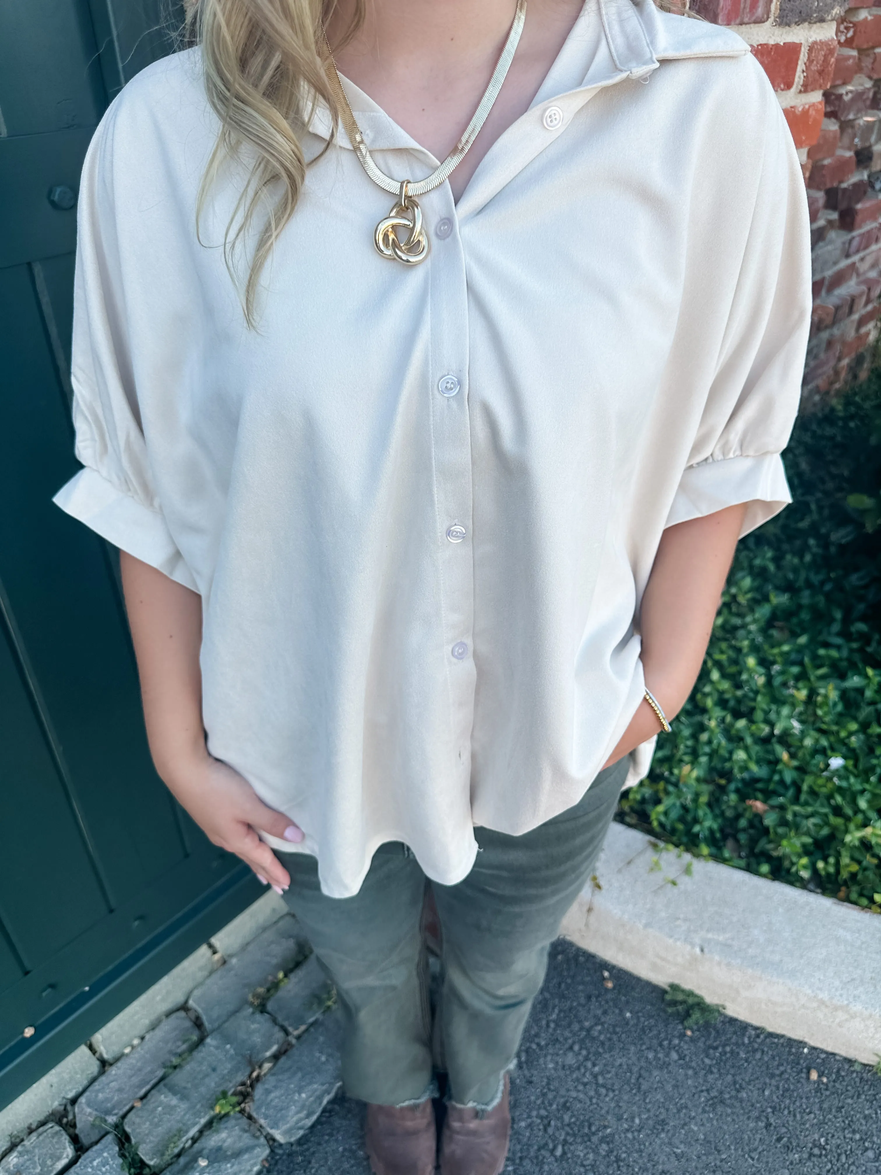 Faux Suede Button Front Top