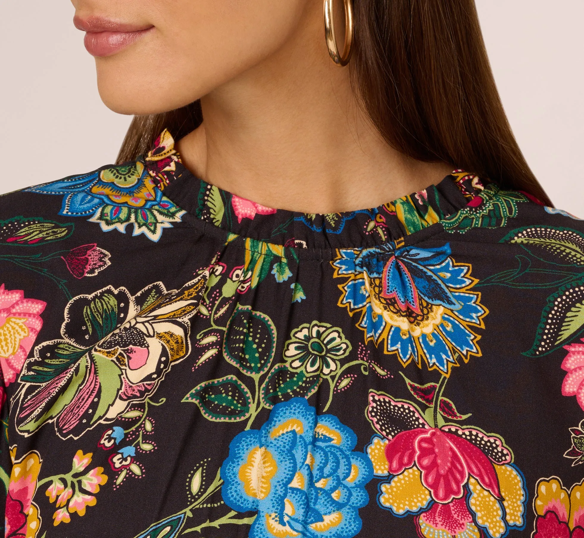 Floral Print Dress With Long Bishop Sleeves In Black Multi