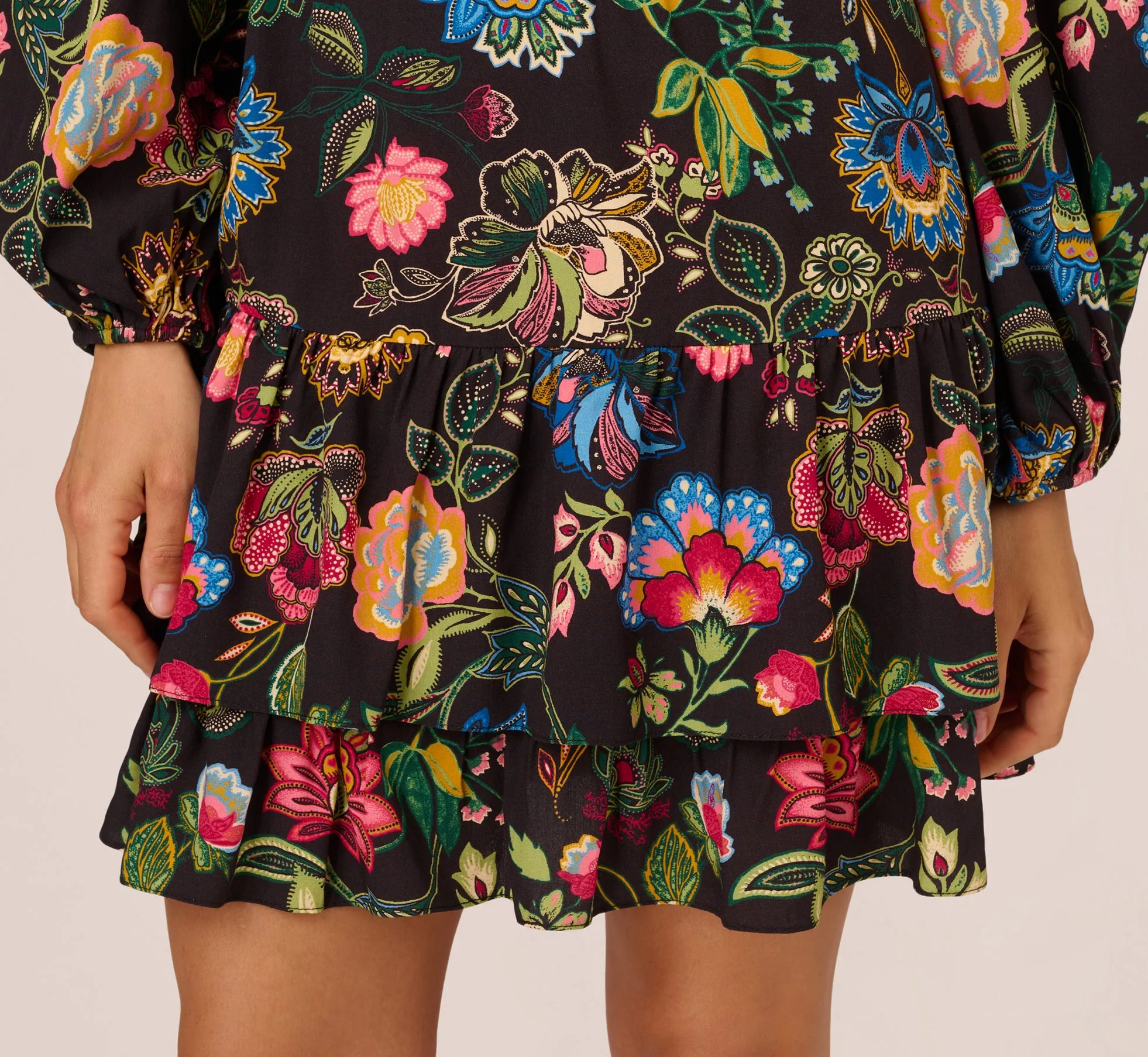 Floral Print Dress With Long Bishop Sleeves In Black Multi