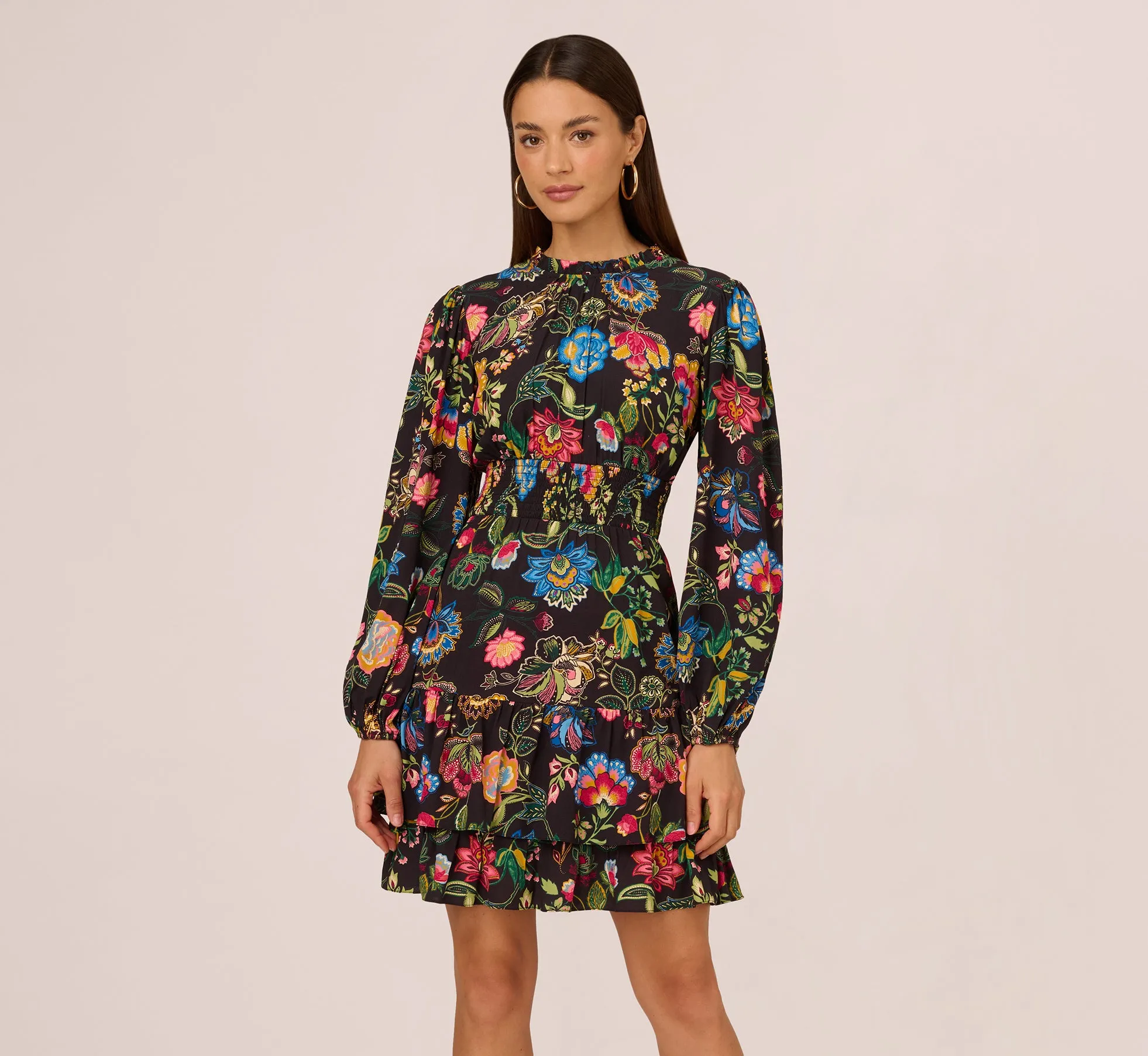 Floral Print Dress With Long Bishop Sleeves In Black Multi