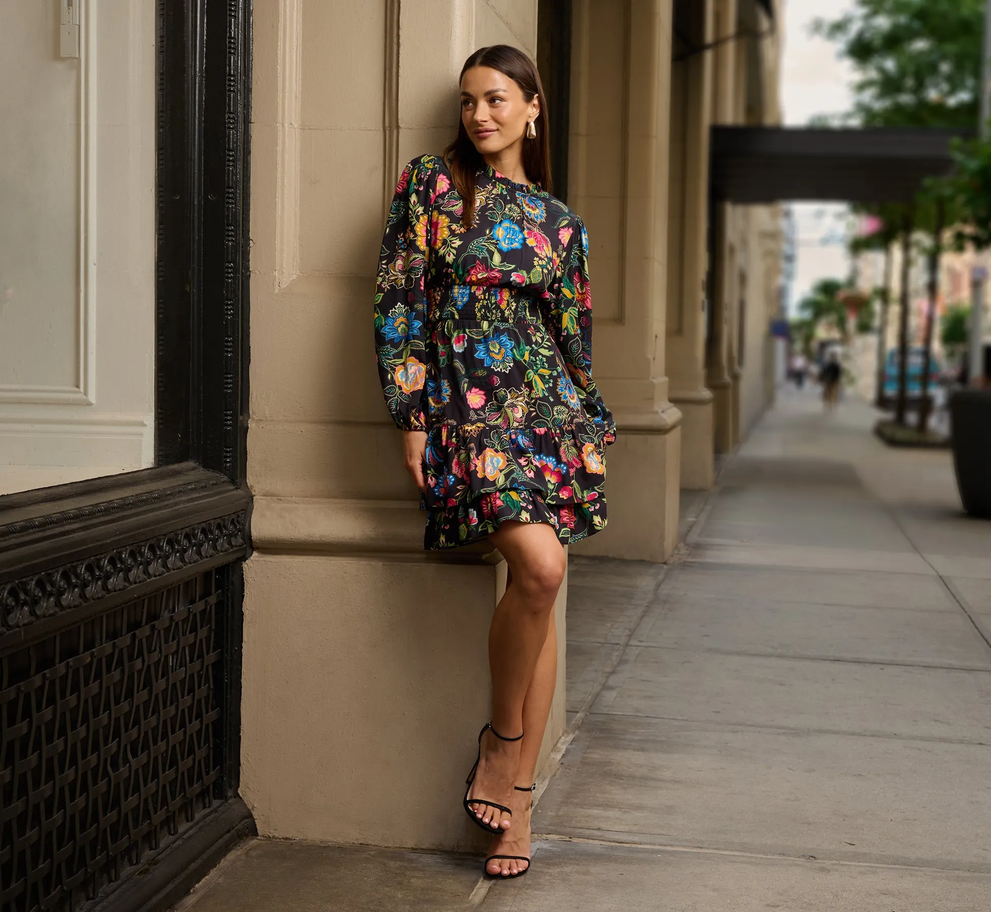 Floral Print Dress With Long Bishop Sleeves In Black Multi