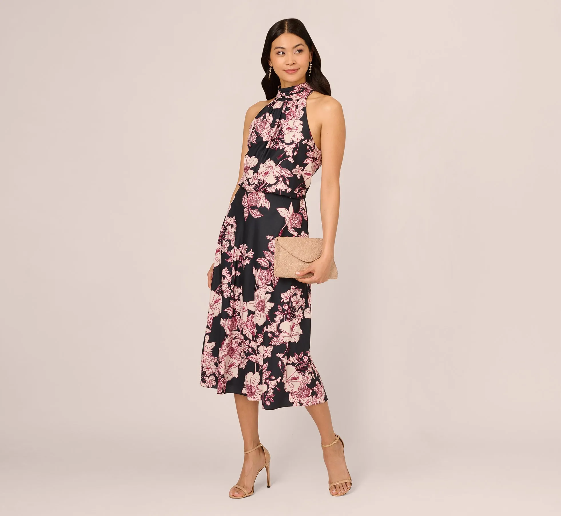 Floral Print Halter Midi Dress With Mock Neckline In Black Multi