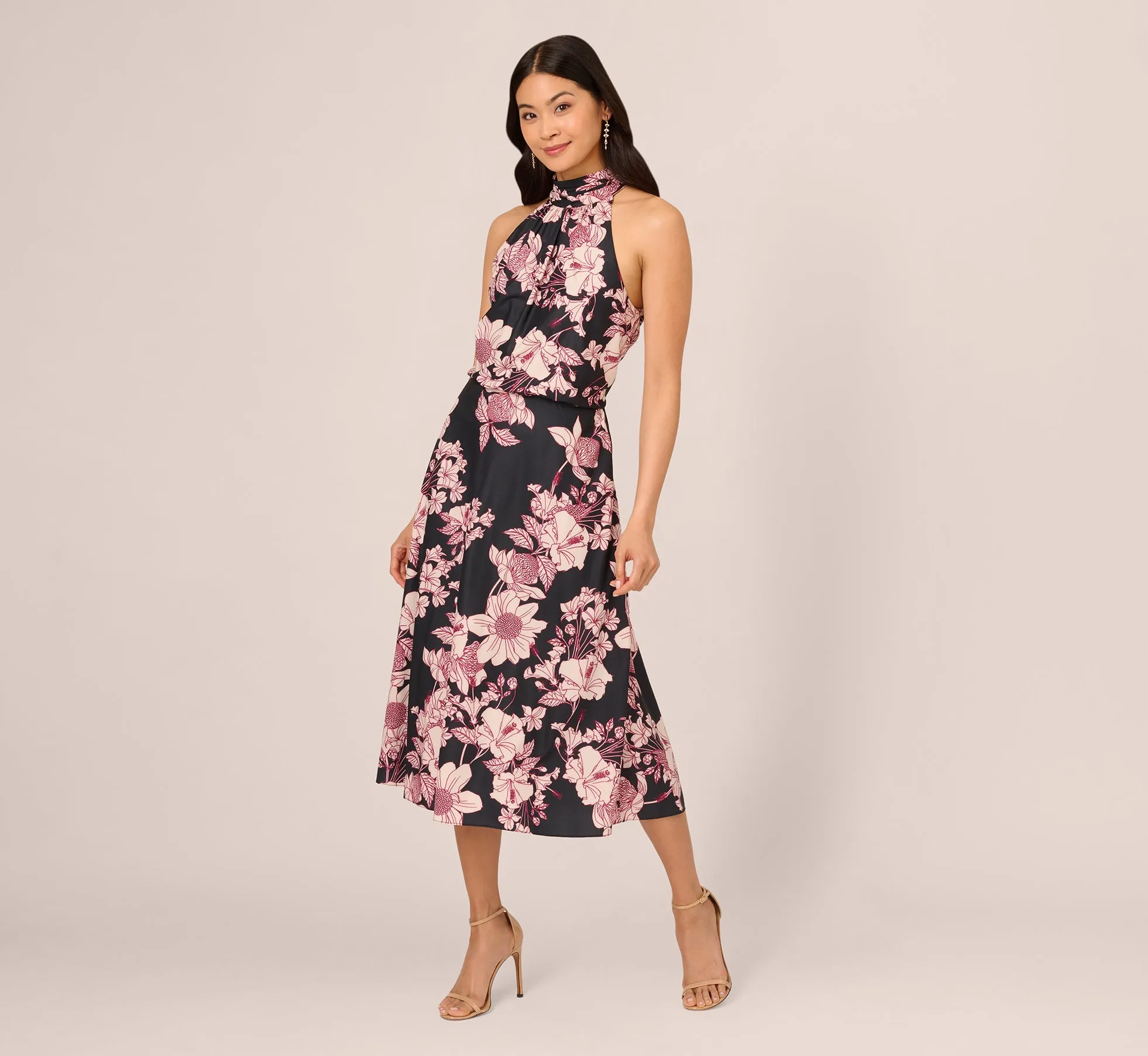 Floral Print Halter Midi Dress With Mock Neckline In Black Multi