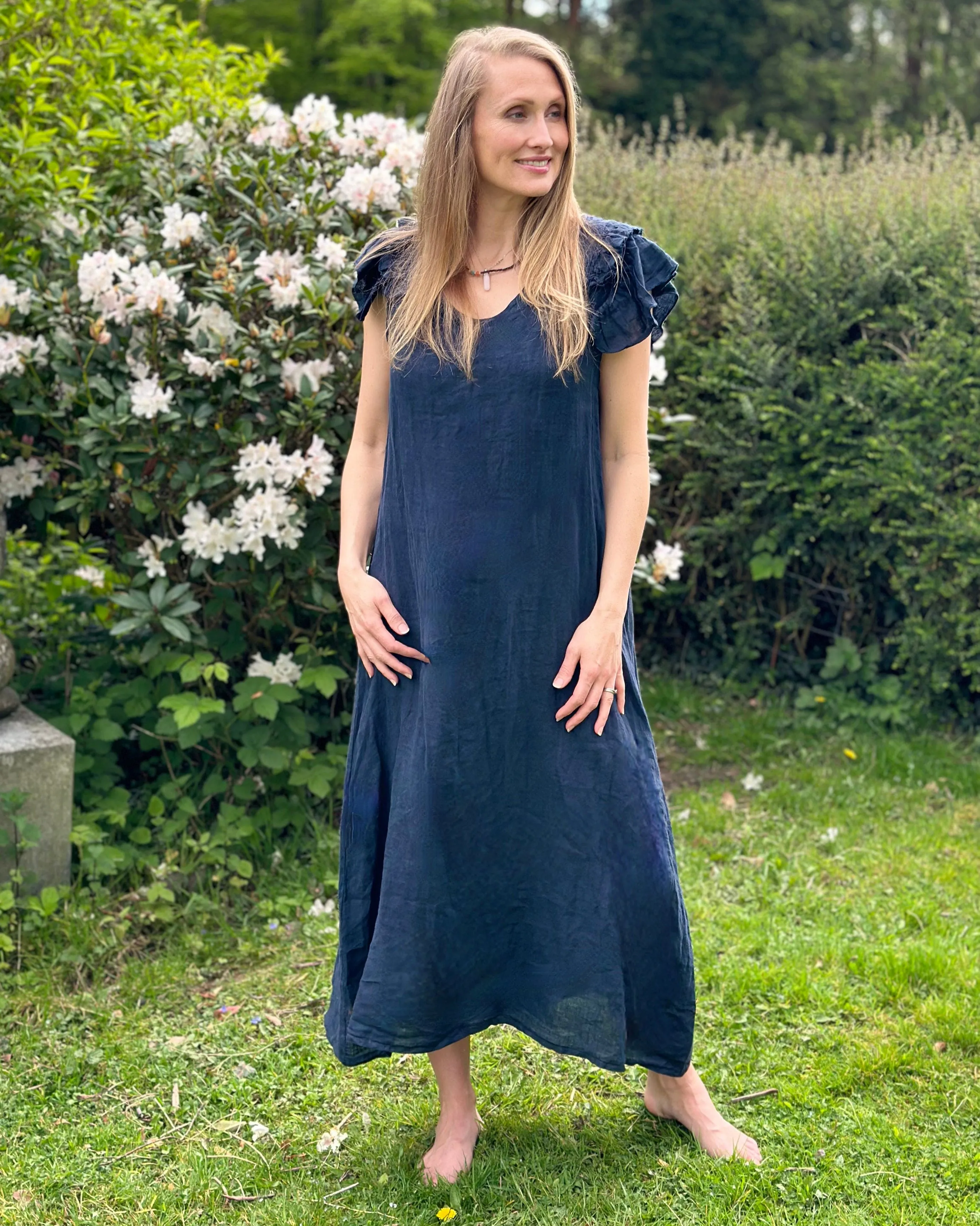 Frill Sleeve Linen Dress - Navy