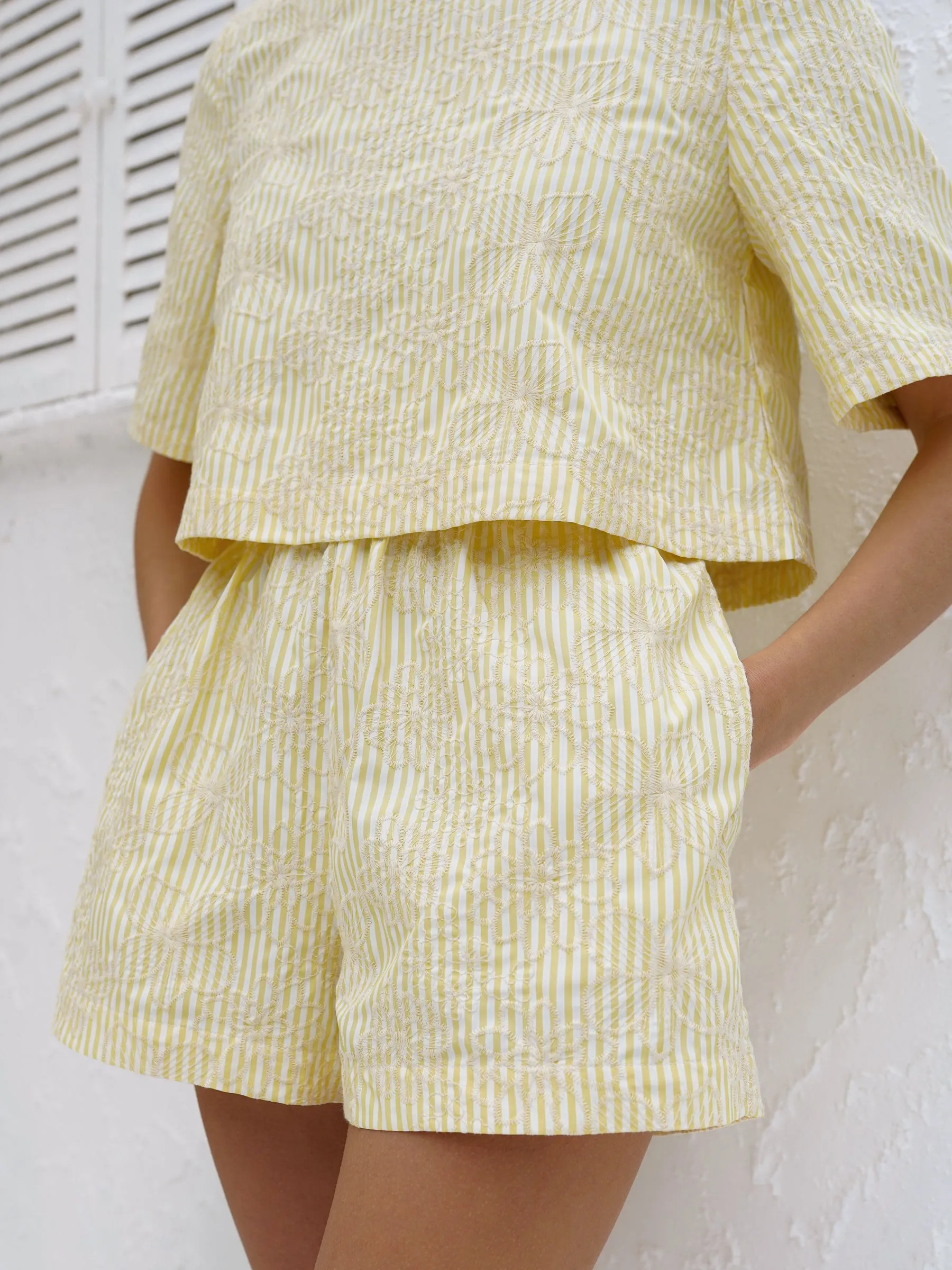 Kendal Embroidered Stripe Cotton Shorts | Lemon