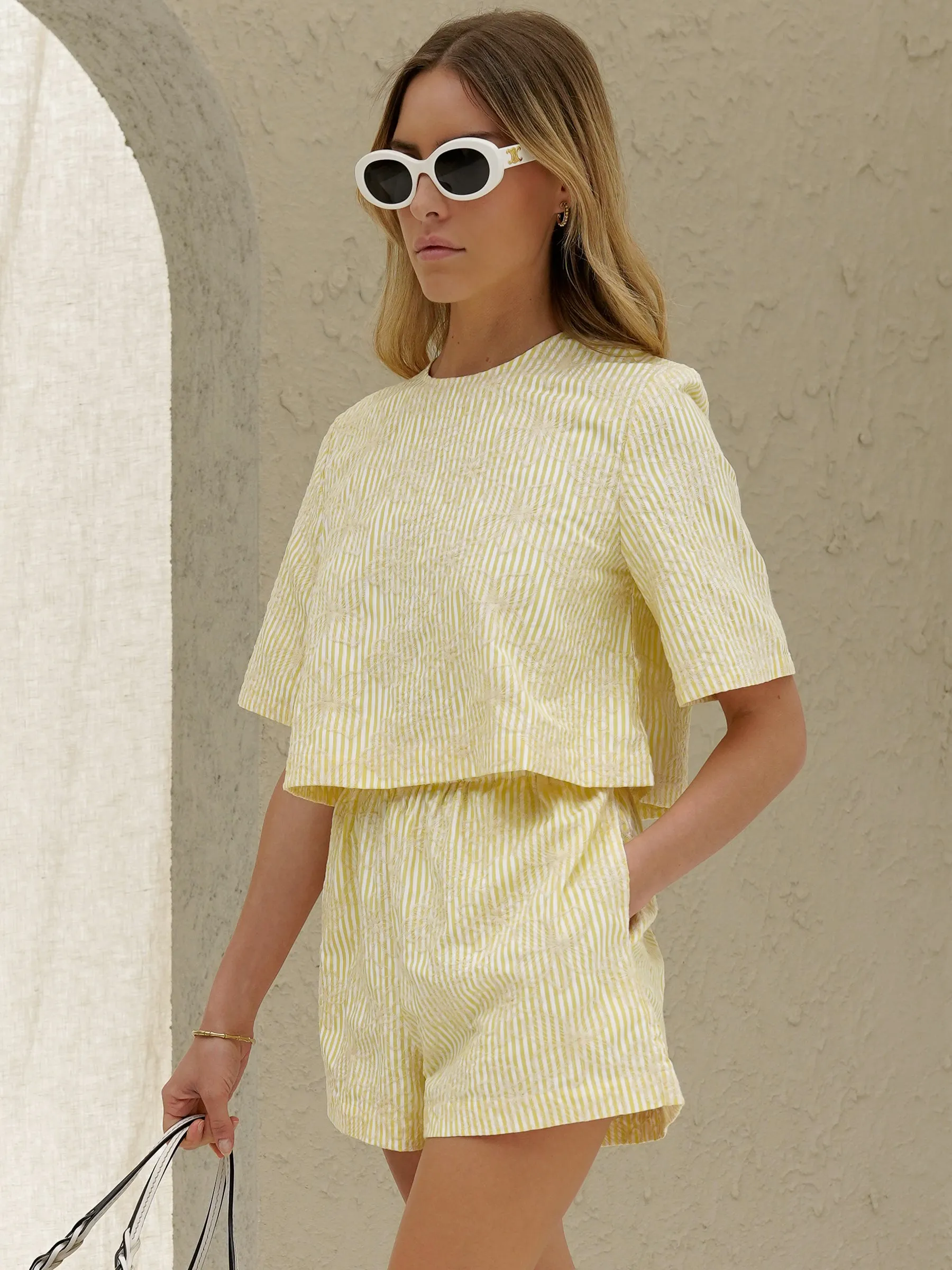 Kendal Embroidered Stripe Cotton Shorts | Lemon