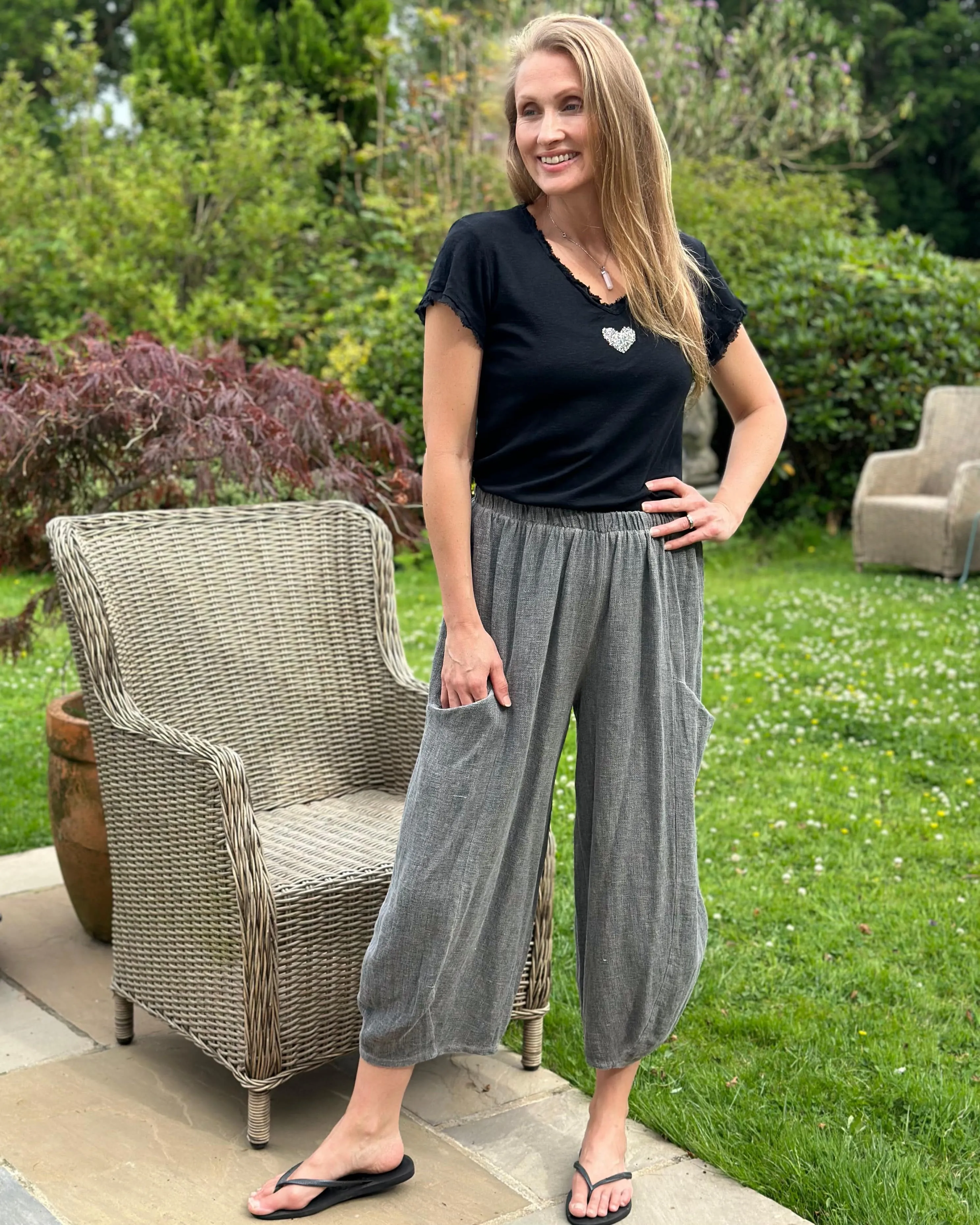 Linen Mix Balloon Style Trousers - Charcoal