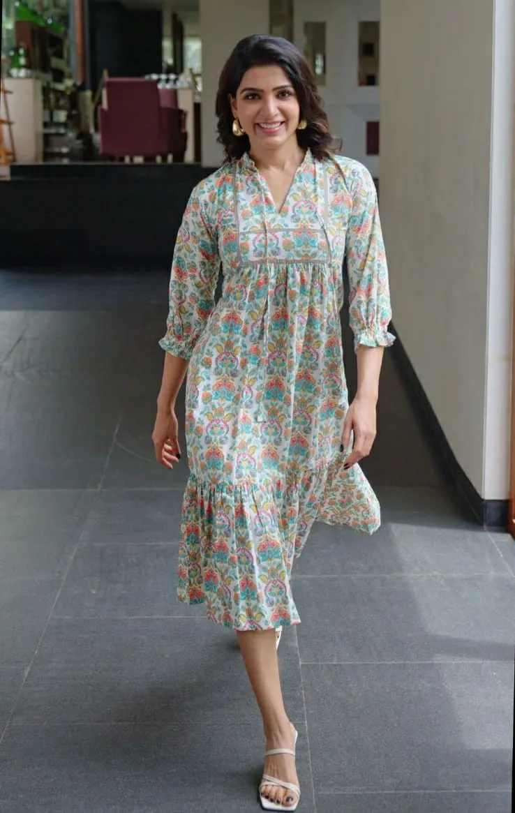 Mahiri Off-White Printed Yoke Dress