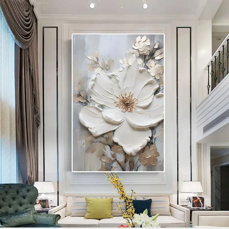 Modern Abstract White Floral Wall Art Fine Art Canvas Prints Light Luxury Botanical Pictures For Living Room Entrance Hallway Wall