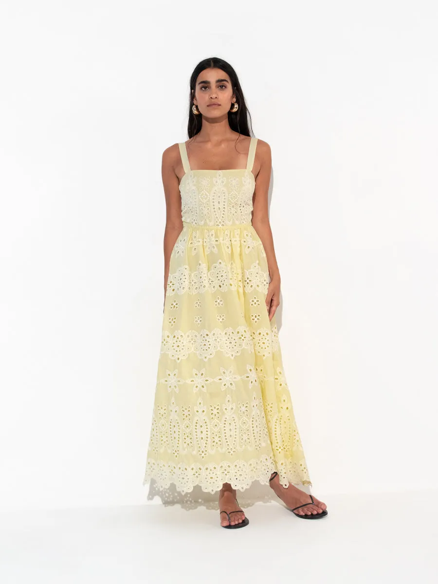 Ninet Broderie Anglaise Midi Dress - Yellow