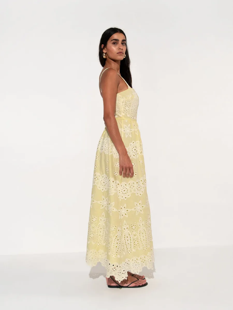 Ninet Broderie Anglaise Midi Dress - Yellow