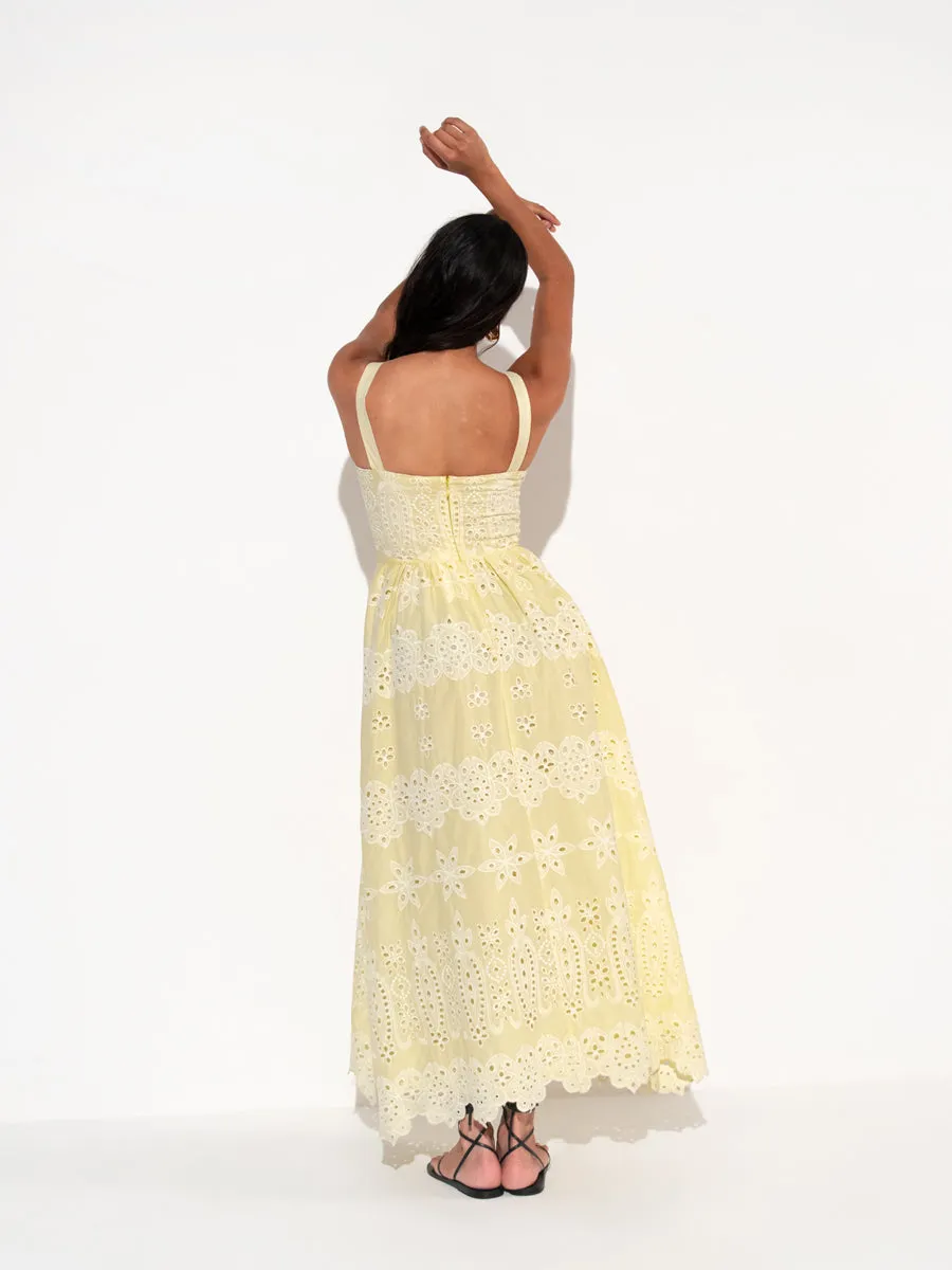 Ninet Broderie Anglaise Midi Dress - Yellow