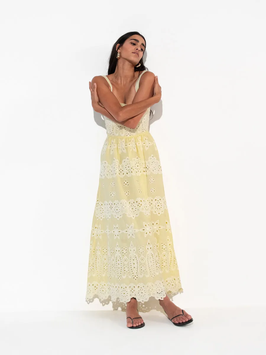 Ninet Broderie Anglaise Midi Dress - Yellow