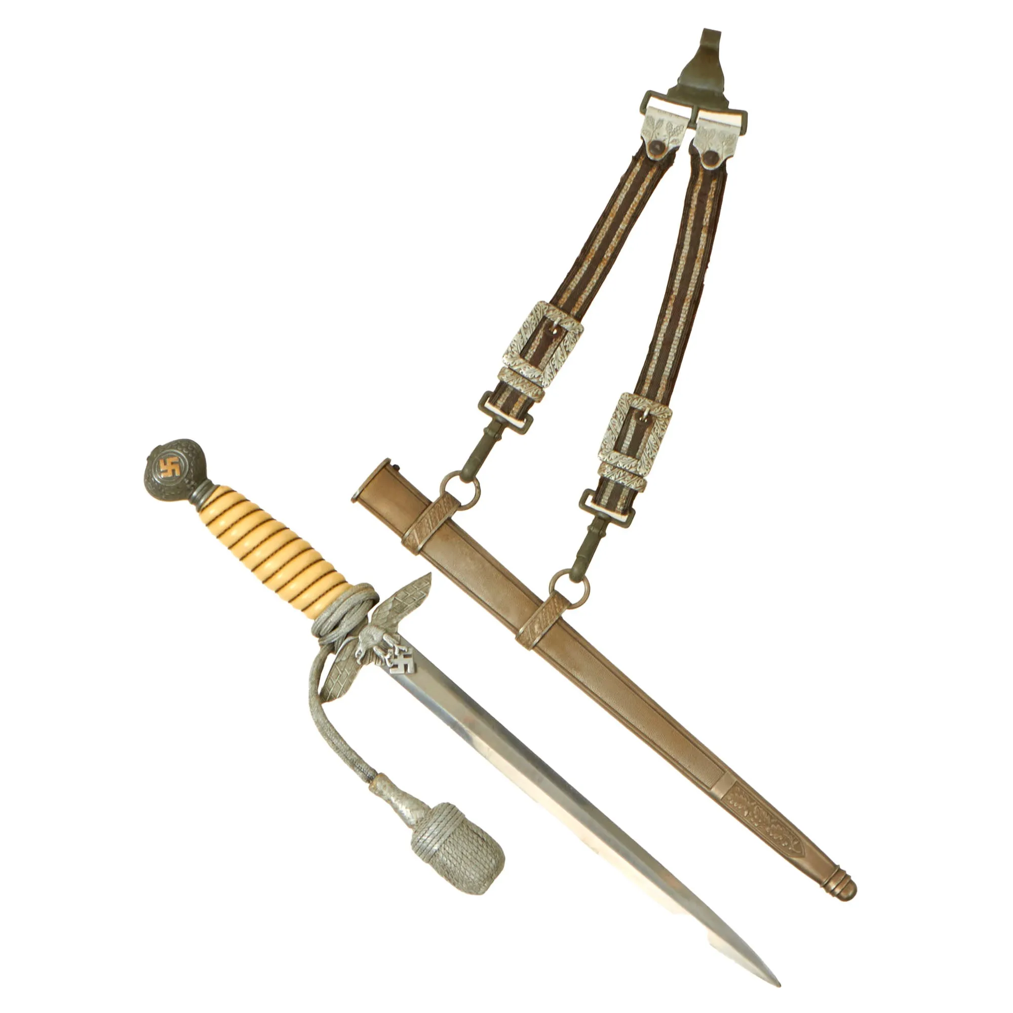 Original WWII German 2nd Model Luftwaffe Dagger with Scabbard, Hanger, and Portepee - Unmarked Blade